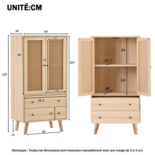 Buffet Haut Avec 2 Portes En Rotin Et 2 Tiroirs, 4 Compartiments - 60x40x120 Cm - Mdf - Naturel