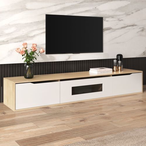 Meuble TV Avec LED Et 3 Compartiments - 180x35x30 Cm - Mdf - Blanc Et Bois