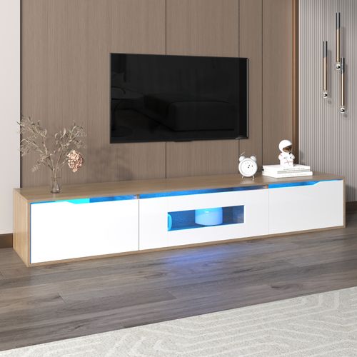 Meuble TV Avec LED Et 3 Compartiments - 180x35x30 Cm - Mdf - Blanc Et Bois