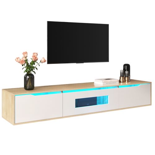 Meuble TV Avec LED Et 3 Compartiments - 180x35x30 Cm - Mdf - Blanc Et Bois