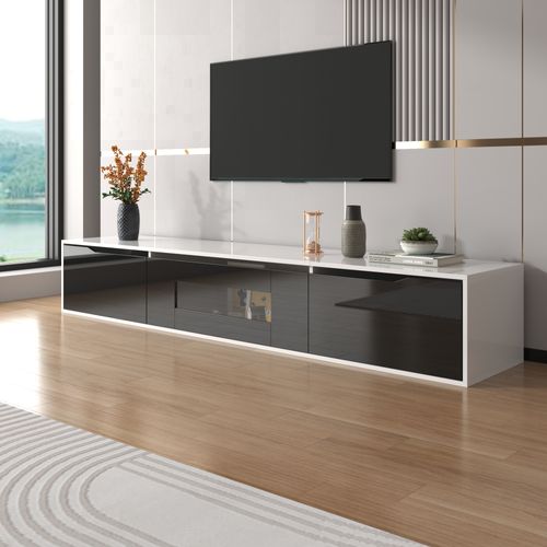 Meuble TV Avec LED Et 3 Compartiments - 180x35x30 Cm - Mdf - Noir Et Blanc