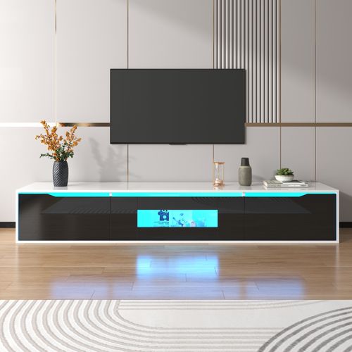 Meuble TV Avec LED Et 3 Compartiments - 180x35x30 Cm - Mdf - Noir Et Blanc