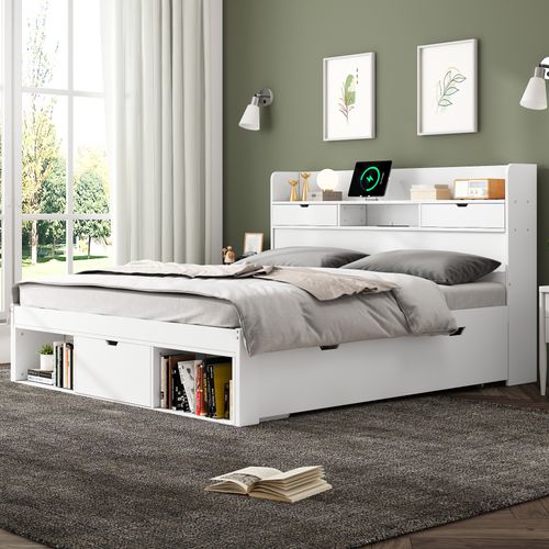 Lit Adulte 160x200 Cm, Lit 2 Place, Lit Multifonctionnel, Port USB, Tiroirs Et Rangements, Blanc