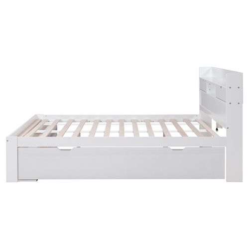 Lit Adulte 160x200 Cm, Lit 2 Place, Lit Multifonctionnel, Port USB, Tiroirs Et Rangements, Blanc