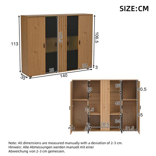 Buffet De Salon Avec LED, Bois Et Noir, 4 Portes, Étagères Verre Trempé