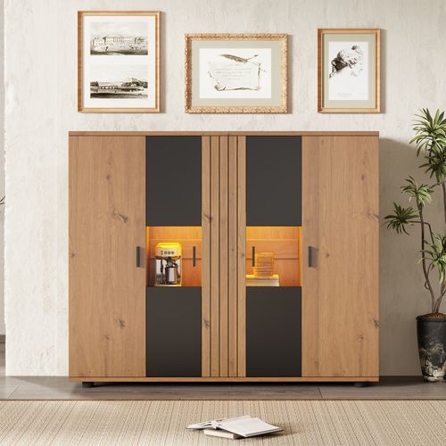 Buffet De Salon Avec LED, Bois Et Noir, 4 Portes, Étagères Verre Trempé