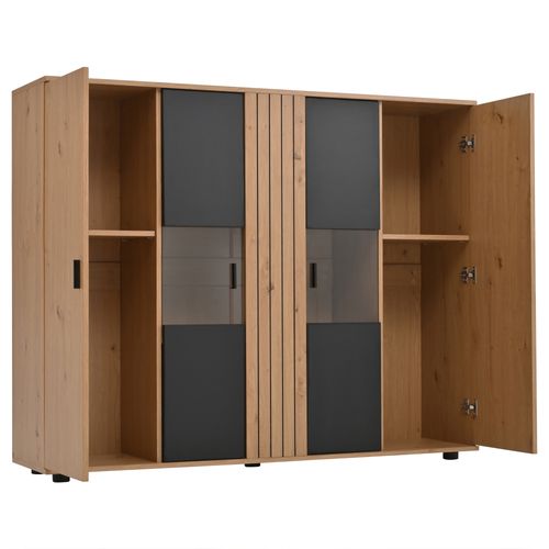 Buffet De Salon Avec LED, Bois Et Noir, 4 Portes, Étagères Verre Trempé