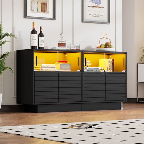 Buffet Bas Noir Avec 4 Portes Vitrées Coulissantes Et LED – Meuble De Rangement Design
