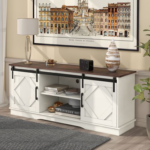 Meuble TV L.150cm Blanc Et Plateau Bois, Buffet Avec 2 Portes Coulissantes Et Rangements
