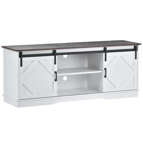 Meuble TV L.150cm Blanc Et Plateau Bois, Buffet Avec 2 Portes Coulissantes Et Rangements