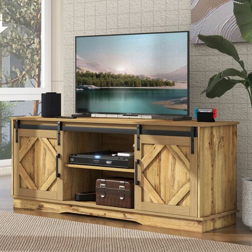 Meuble TV L.150cm Couleur Bois, Buffet Avec 2 Portes Coulissantes Et Rangements