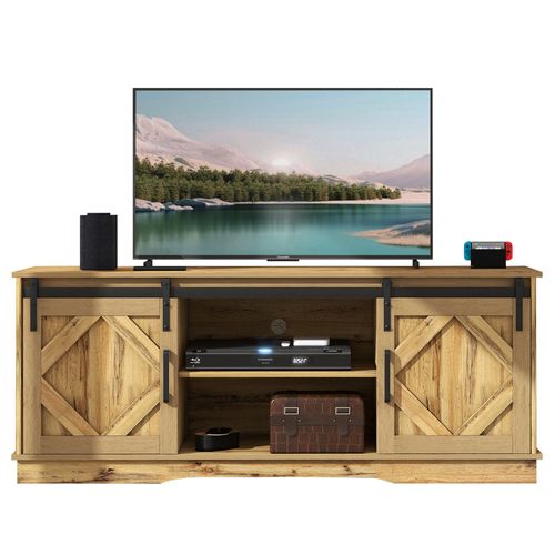 Meuble TV L.150cm Couleur Bois, Buffet Avec 2 Portes Coulissantes Et Rangements