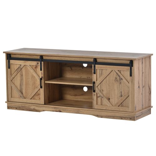 Meuble TV L.150cm Couleur Bois, Buffet Avec 2 Portes Coulissantes Et Rangements