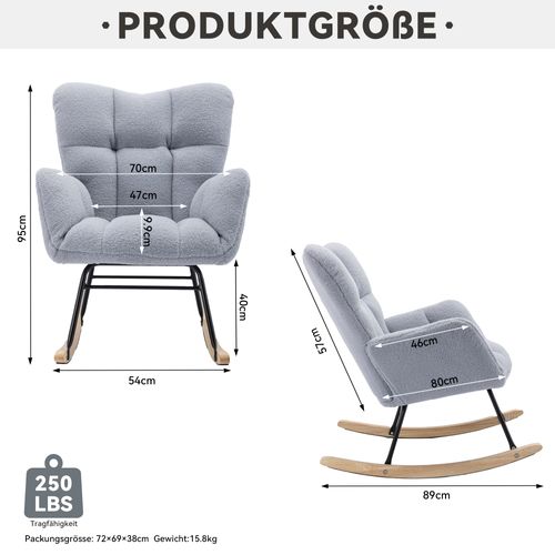 Fauteuil à Bascule Tissu Teddy Doux Gris Clair, Structure En Métal, Pieds En Bois