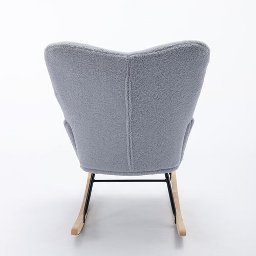 Fauteuil à Bascule Tissu Teddy Doux Gris Clair, Structure En Métal, Pieds En Bois