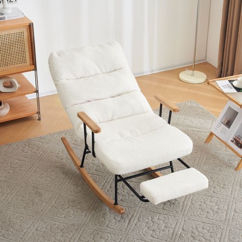 Fauteuil à Bascule En Teddy Blanc Avec Dossier Réglable Et Repose-pieds Pliable