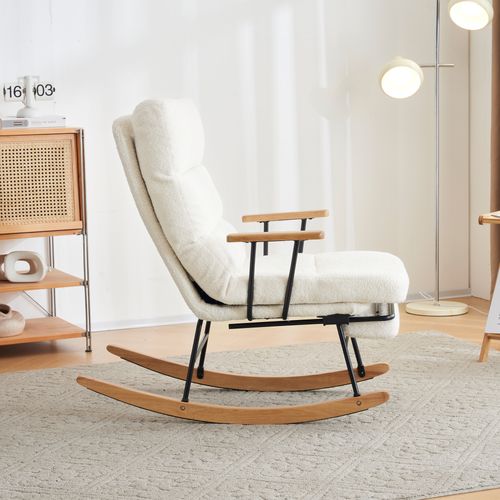 Fauteuil à Bascule En Teddy Blanc Avec Dossier Réglable Et Repose-pieds Pliable