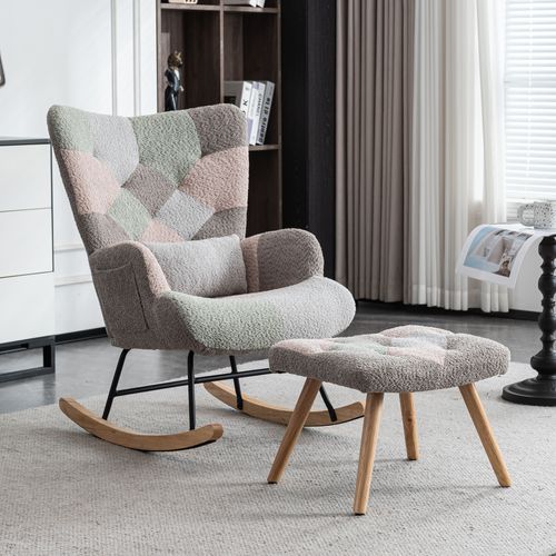 Fauteuil à Bascule En Tissu Confortable Avec Repose-pieds Et Coussin Lombaire, Design Coloré