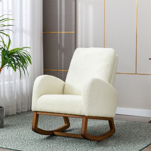 Fauteuil à Bascule Tissu Teddy Blanc Avec Dossier Haut, Accoudoirs Longs Et Assise Rembourrée