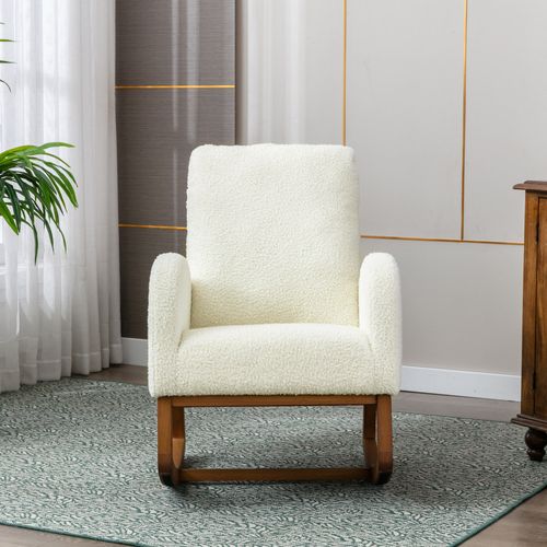 Fauteuil à Bascule Tissu Teddy Blanc Avec Dossier Haut, Accoudoirs Longs Et Assise Rembourrée