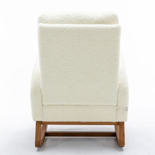 Fauteuil à Bascule Tissu Teddy Blanc Avec Dossier Haut, Accoudoirs Longs Et Assise Rembourrée