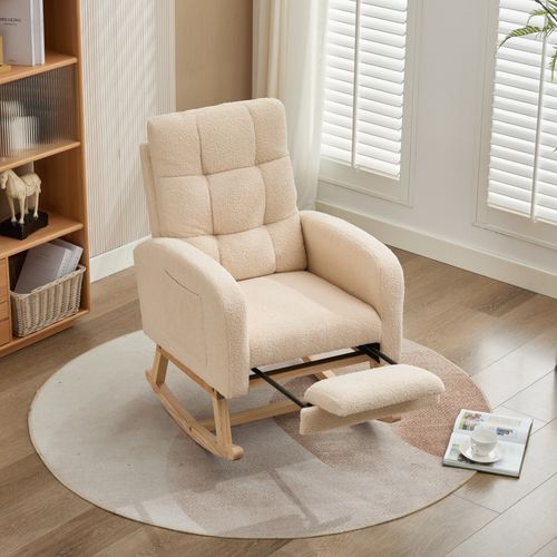 Fauteuil à Bascule Beige En Tissu Teddy Avec Repose-pieds Et Poches Latérales