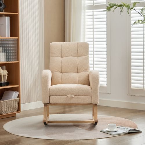 Fauteuil à Bascule Beige En Tissu Teddy Avec Repose-pieds Et Poches Latérales