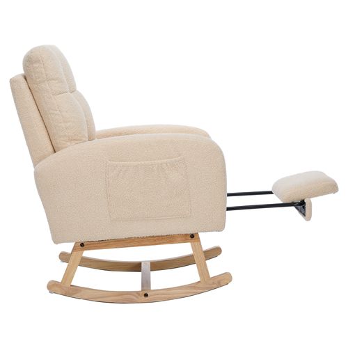 Fauteuil à Bascule Beige En Tissu Teddy Avec Repose-pieds Et Poches Latérales