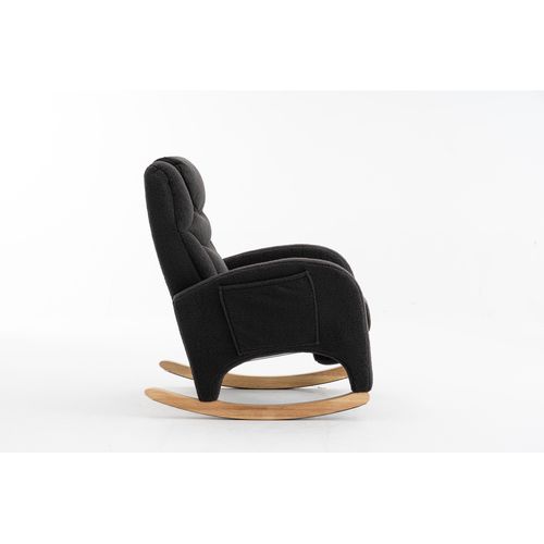 Fauteuil à bascule, tissu Teddy gris foncé, repose-pieds pliable, cadre en bois, dossier ergonomique