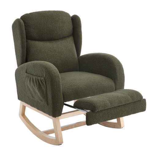 Fauteuil à Bascule Vert En Tissu Teddy Avec Repose-pieds Pliable Et Poches De Rangement