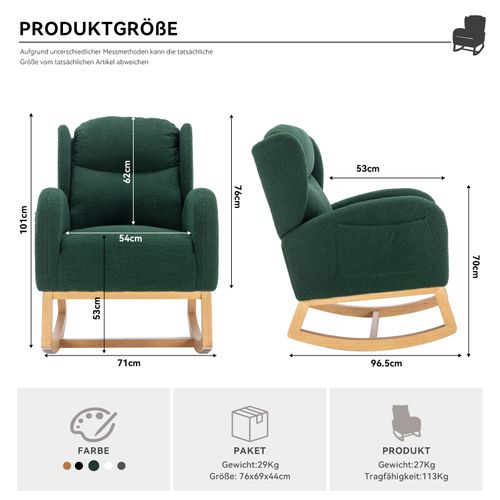 Fauteuil à Bascule Vert En Tissu Teddy Avec Coussin Épais Et Poches Pratiques