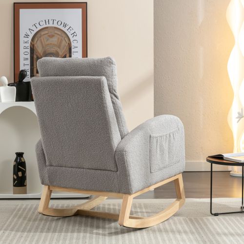 Fauteuil à Bascule En Teddy Gris Clair Ultra-doux Avec Poches De Rangement Et Repose-pieds