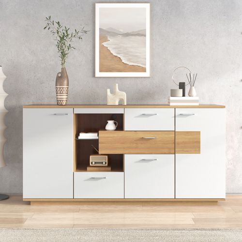Buffet Bas, 2 Portes Et 4 Tiroirs, Étagères Réglables,led,mdf, Bois+blanc
