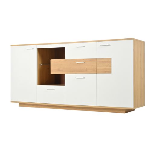 Buffet Bas, 2 Portes Et 4 Tiroirs, Étagères Réglables,led,mdf, Bois+blanc