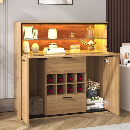 Buffet Bas,2 Tiroirs,3 Portes ,avec Range-bouteilles,led, Verre ，aggloméré，bois