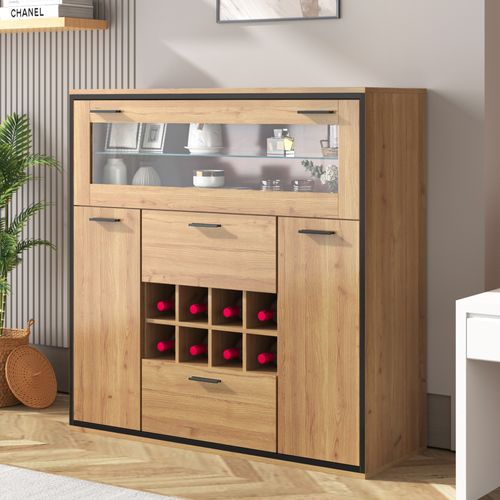 Buffet Bas,2 Tiroirs,3 Portes ,avec Range-bouteilles,led, Verre ，aggloméré，bois