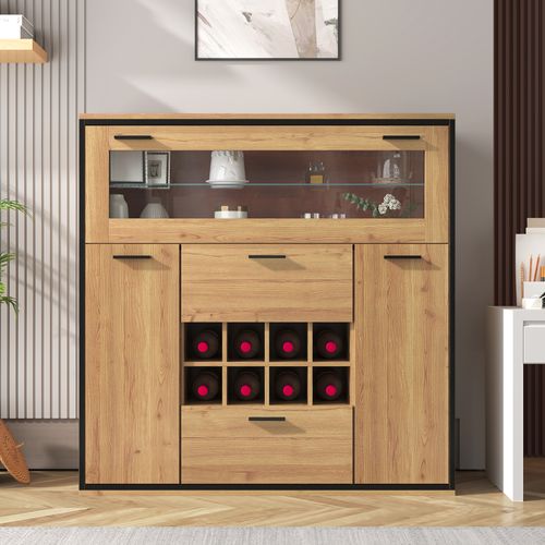 Buffet Bas,2 Tiroirs,3 Portes ,avec Range-bouteilles,led, Verre ，aggloméré，bois