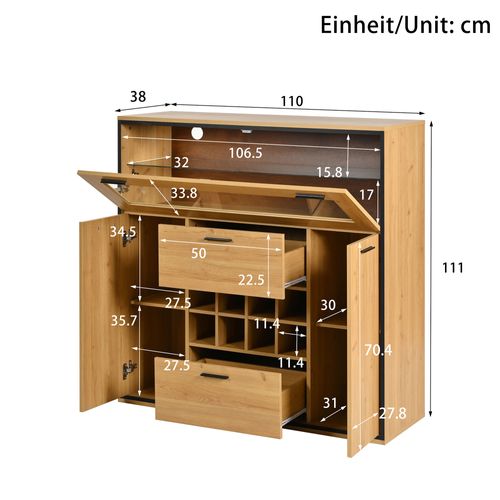 Buffet Bas,2 Tiroirs,3 Portes ,avec Range-bouteilles,led, Verre ，aggloméré，bois