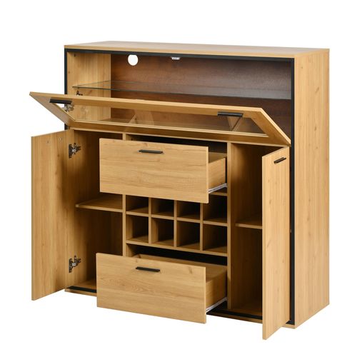 Buffet Bas,2 Tiroirs,3 Portes ,avec Range-bouteilles,led, Verre ，aggloméré，bois