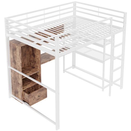 Lit Mezzanine 140x200cm, Avec Éclairage LED, Bureau, 1 Tiroir, Étagère, Structure En Fer, Blanc