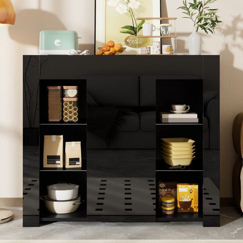 Buffet Moderne 95x35x83cm, 1 Porte, 4 Cloisons Vitrées, Noir