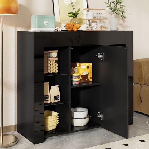 Buffet Moderne 95x35x83cm, 1 Porte, 4 Cloisons Vitrées, Noir