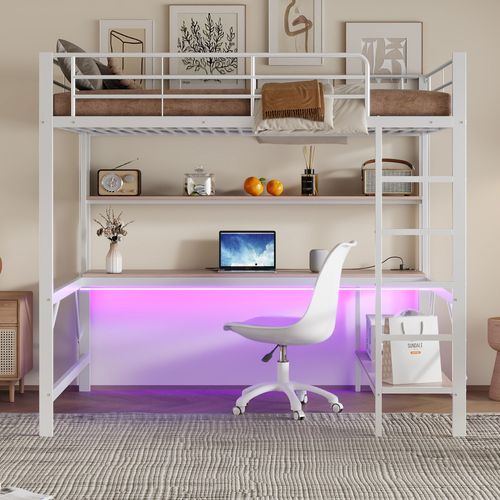 Lit Mezzanine 140x200cm, Avec LED, Bureau, Prise USB Et Prise De Courant, Structure En Fer, Blanc