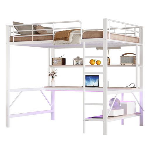 Lit Mezzanine 140x200cm, Avec LED, Bureau, Prise USB Et Prise De Courant, Structure En Fer, Blanc