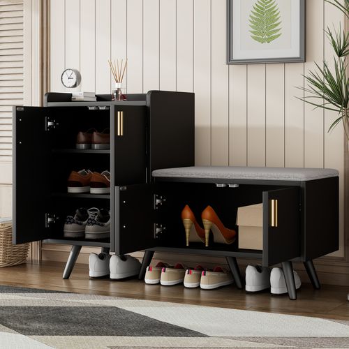 Meuble à Chaussures Noir Avec 4 Portes Et Poignées Métalliques Asymétriques - Bois Et Métal