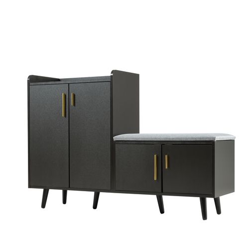 Meuble à Chaussures Noir Avec 4 Portes Et Poignées Métalliques Asymétriques - Bois Et Métal