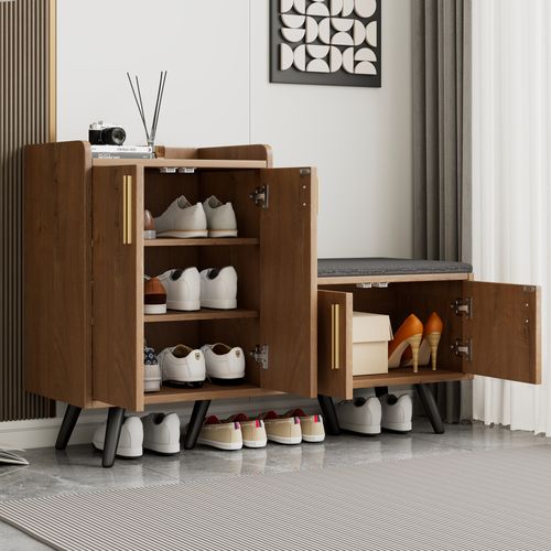 Meuble à Chaussures Naturel Avec 4 Portes Et Poignées Métalliques Asymétriques - Bois Et Métal