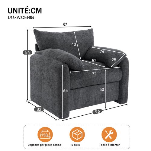 Fauteuil 1 Place - Moderne Avec Mousse Haute Résilience Et Cadre Bois Métal - Chenille Gris