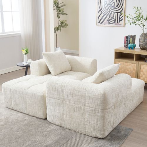 Méridienne Style Moderne Avec Poches Latérales - Revêtement Chenille - Beige