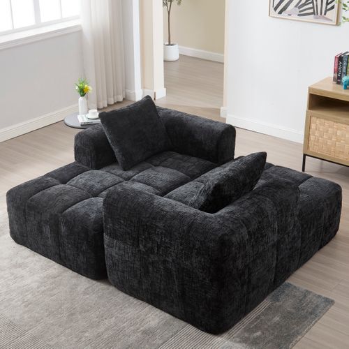 Méridienne Style Moderne Avec Poches Latérales - Revêtement Chenille - Noir